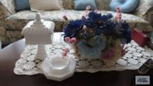 Milk glass bowl with florals, covered compote, and ashtrays
