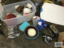 KITCHEN POTS, PANS, BOWLS, AND OTHER RELATED ITEMS. LARGE PLASTIC TOTE NOT INCLUDED....