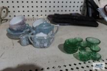 Miniature tea set and miniature green glassware