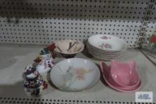 Snowman figurines, cat plate and bowl, floral bowls, peace bowl and etc