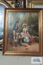 T. Duclere oil on canvas painting, woman on bench. Frame measures 20-1/2 in. by 24-1/2 in.
