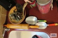 Rolling pin, wood bowl with vintage kitchen utensils
