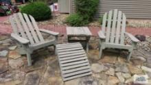 Two Adirondack chairs with one ottoman and end table