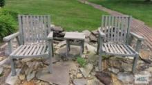 Two outdoor wooden chairs and end table