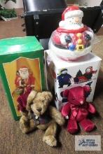snowman cookie jar, bear figurines and Santa Claus figurine