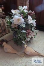 Oriental planter with artificial floral arrangement and dove figurines