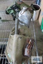 US Army trench shovel, camping knife with holder, metal canteen and camouflage bag
