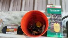 Gardening tools, sprayer, and orange bucket