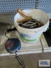 vintage automatic cord reel, rope, coping saw and etc with bucket