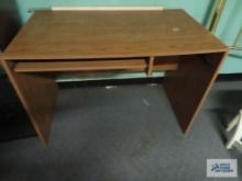 Oak finish computer desk and 2 ft folding step stool
