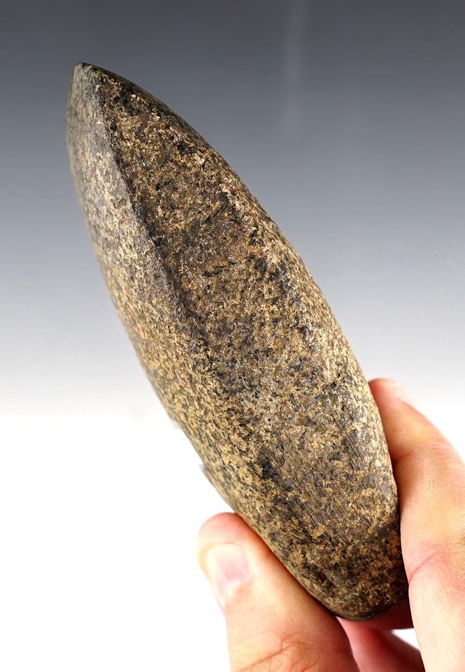 4 1/2" Celt made from Hardstone with a nicely polished bit. Found in Jefferson Co., Ohio.