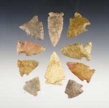 Set of 10 assorted points found in Wabash Co., Indiana. The largest is 1 3/4".