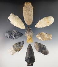 Group of nine assorted Woodland Points and Knives recovered in Ohio. Largest is 2 11/16".