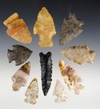 Group of 10 assorted arrowheads found in Muskingum Co., Ohio. Largest is 2 7/16".