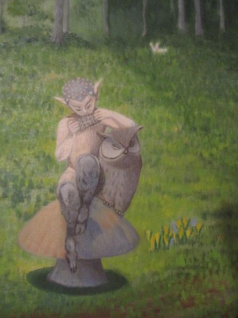 Monroe Signed Original Mythical Fawn Playing Flute on Toad Stool with Owl Painting on Canvas