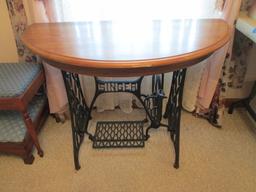 Singer Cast Iron Treadle Sewing Machine Base Oak Demi Lune Table