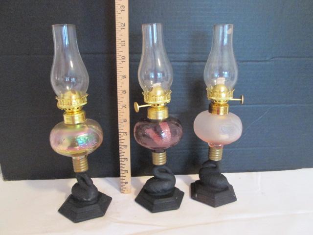 Three 1989 Heartlights Small Swan Post Oil Lamps