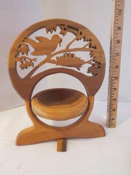 Wood Carved Expandable Book Stand and Two Wood Carved Collapsible Baskets