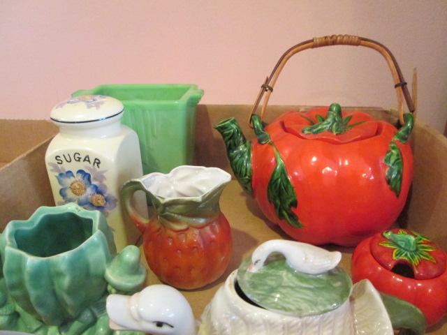 Vintage Pottery Teapot, Creamers, Shakers, Covered Dish and Vase