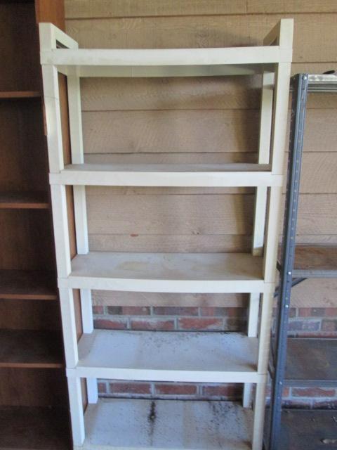 Wood/Laminate Shelf and Plastic 5 Tier Shelf and Contents