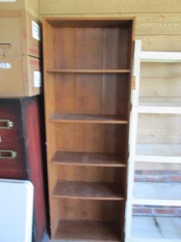 Wood/Laminate Shelf and Plastic 5 Tier Shelf and Contents