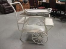 White Wicker Tea Cart and Oval Serving Tray