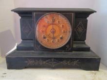 Antique Ansonia Clock Co. Painted Cast Metal Mantle Clock with Lion Head Rings
