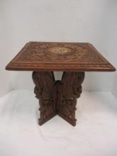 Folding Carved Wood Plant/Display Stand with Inlay Floral Design