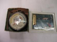 Vintage Fishing Guide Barometer and Advertisement Thermometer