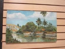 Signed Vintage South East Asia Landscape Painting on Canvas