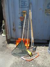 Lot of Yard Tools - Rakes, Shovel, Snow Shovels, Saw, etc.