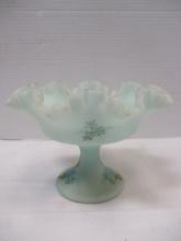 Fenton Blue Roses on Blue Satin Ruffled Compote Bowl - Signed