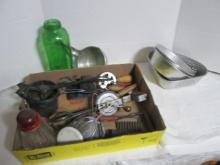 Vintage Kitchen Utensils-Nut Grinder, Aluminum Dish Pans, Strainer, Ricer,
