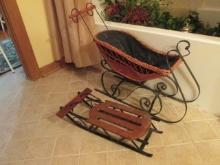 Decorative Wood Sled with Metal Rails and Woven Sleigh with Wrought Iron Rails