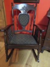 Vintage Wood Rocker with Upholstered Seat and Shield Back