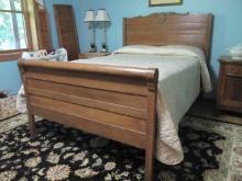 Vintage Victorian Oak Full Size Bed with Metal Rails