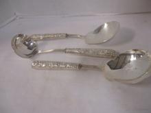 Repousse Sterling Handle Serving Spoons and Ladle