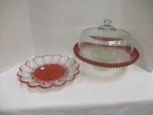 Ruby Red Flash Diamond Point Cake Dome and Egg Plate