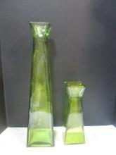 Two Tapered Green Glass Vases