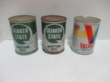 Two Old Quaker State and Valvoline Motor Oil  Quart Cans of Oil