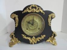 Restored Painted Black Wood Case Mantle Clock with Gold Tone Embellishments