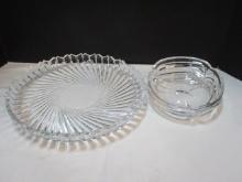 Clear Swirl Glass Platter and 2 Flower Design Glass Dishes
