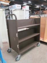 Brown Metal Double Sided Book Cart with Locking Casters