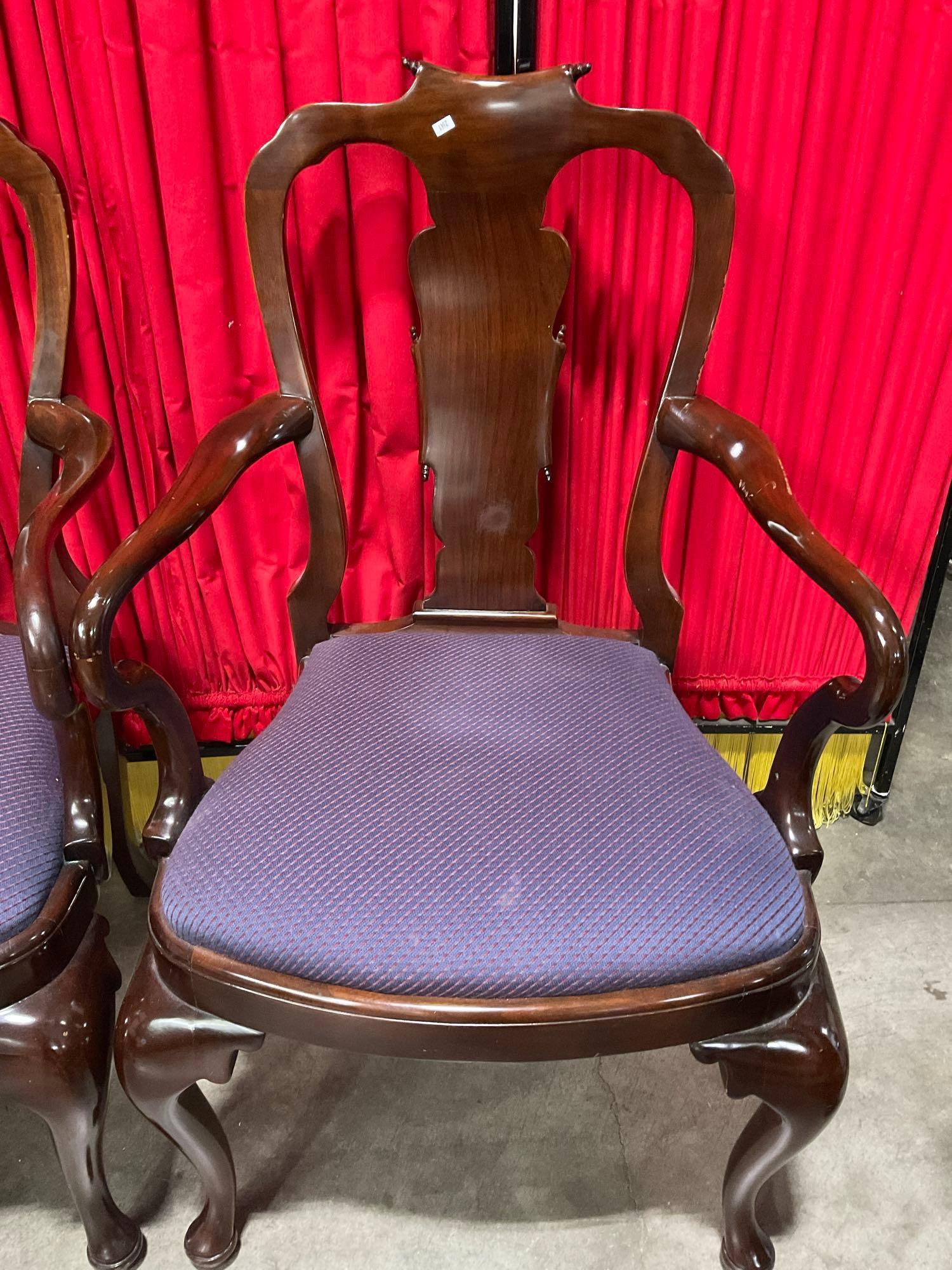 Vintage Burled Wood Expanding Dining Table w/ 2 Leaves, Covers & 13 Scroll-back Chairs. See pics.