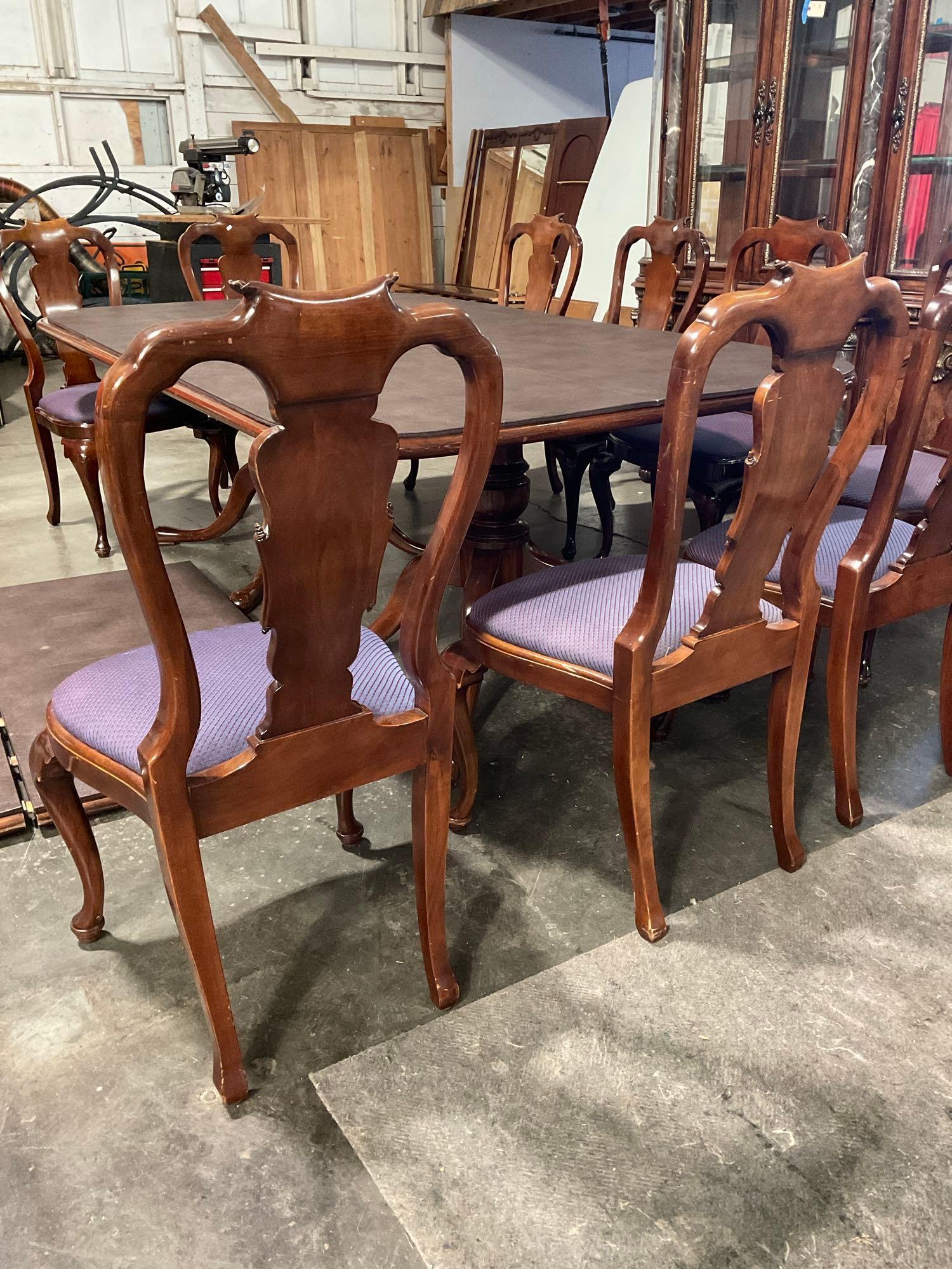 Vintage Burled Wood Expanding Dining Table w/ 2 Leaves, Covers & 13 Scroll-back Chairs. See pics.