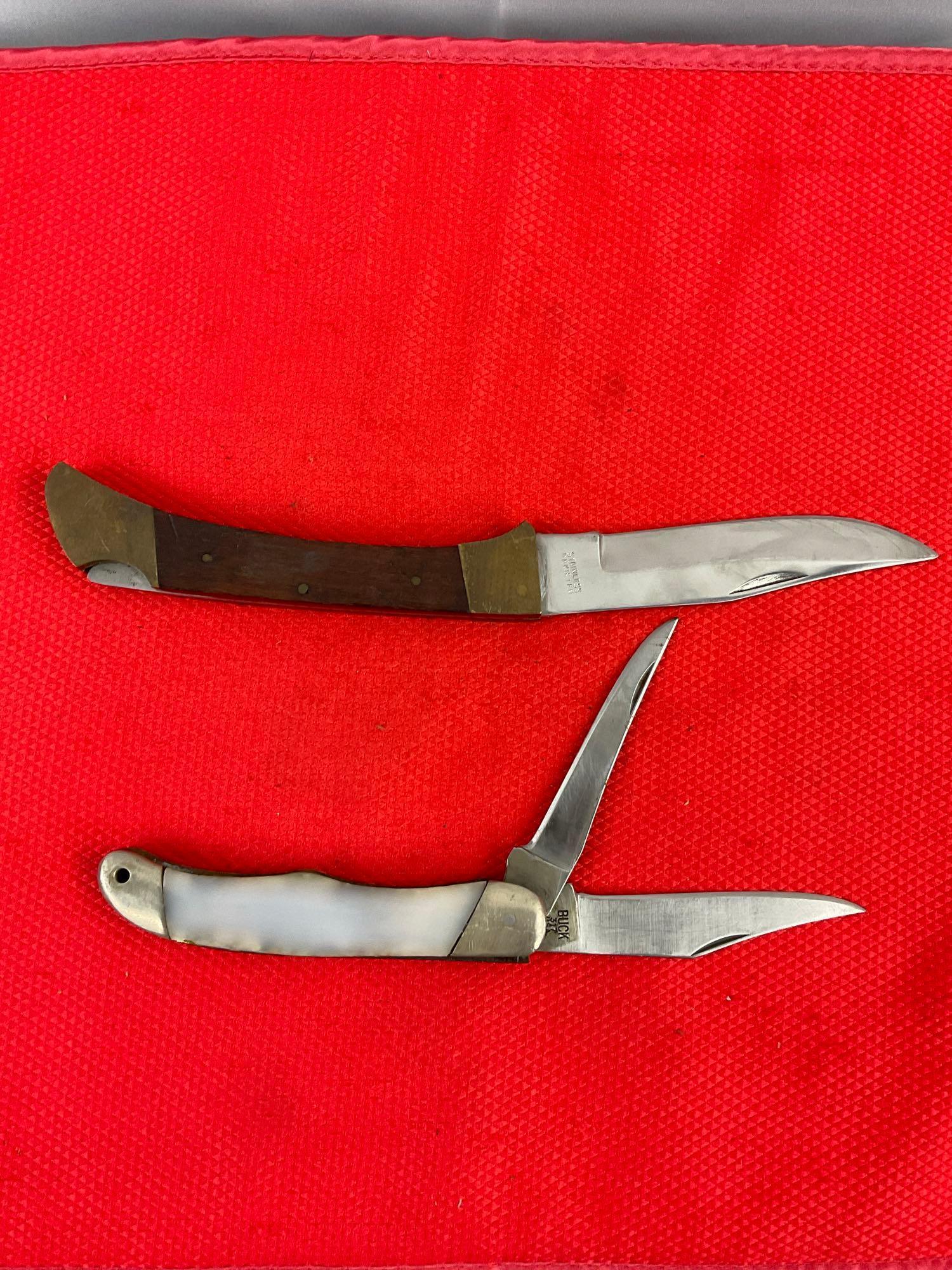 2 pcs Vintage Steel Folding Blade Knives. 1x Buck 317 & 1x Unknown Maker, No Hallmark. As Is. See