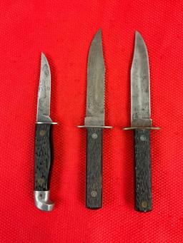 3 pcs Vintage Fixed Blade Hunting Knife Assortment. 2x Imperial, 1 Unknown Maker. See pics.