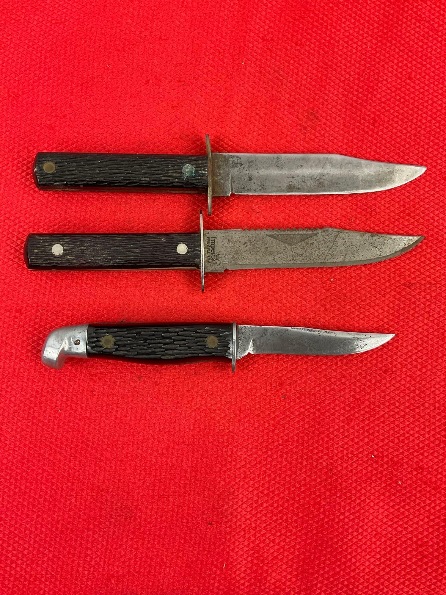 3 pcs Vintage Fixed Blade Hunting Knife Assortment. 2x Imperial, 1 Unknown Maker. See pics.