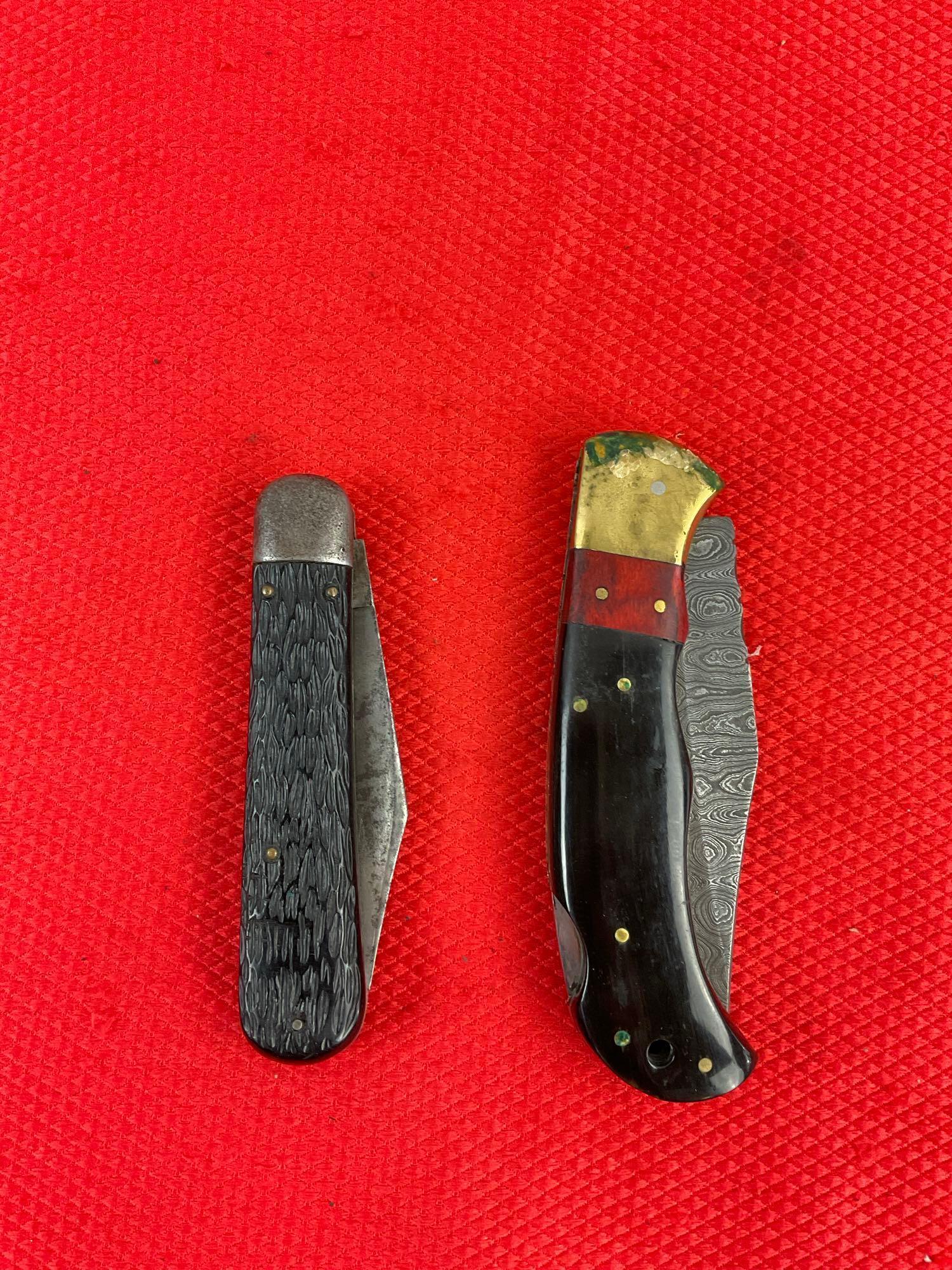 2 pcs Steel Folding Blade Pocket Knife Assortment. 1x Schrade Walden, 1x Unknown Maker. See pics.