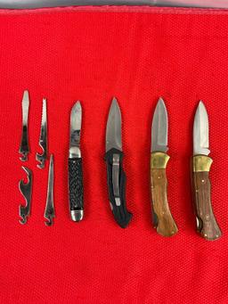 4 pcs Steel Folding Blade Pocket Knives w/ Sheathes. 1 Vintage Colonial w/ 4 Alternate Blades. See